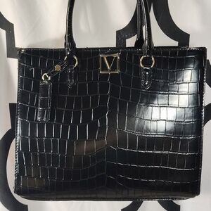 Elegant Black Victoria Secret Crocodile-Embossed Camel Colored Accordion Bag